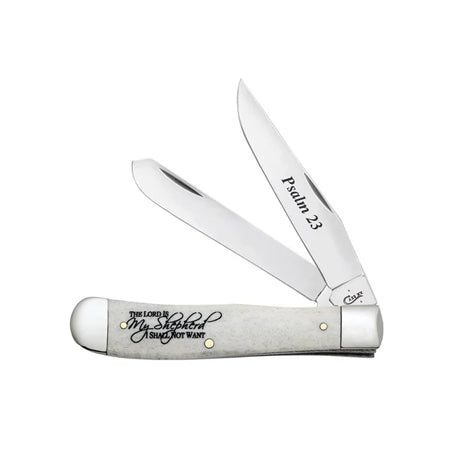 Pocket Knife Natural Smooth Bone Trapper W/Psalm 23 And Artwork