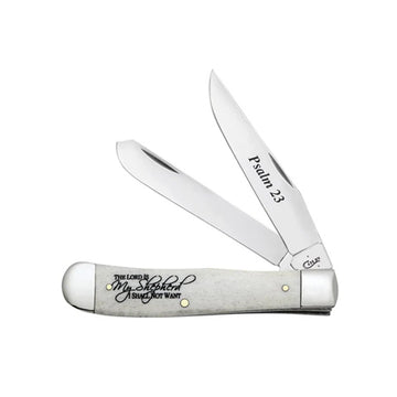 Pocket Knife Natural Smooth Bone Trapper W/Psalm 23 And Artwork