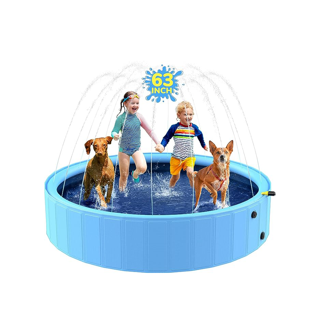 63'' Foldable Dog Pool, Sprinkler Pool for Kids, Non-Slip Kids Pool