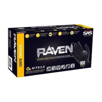 SAS Safety Raven Powder-Free Disposable Black Nitrile 6 Mil Gloves, Large - 3 Pack