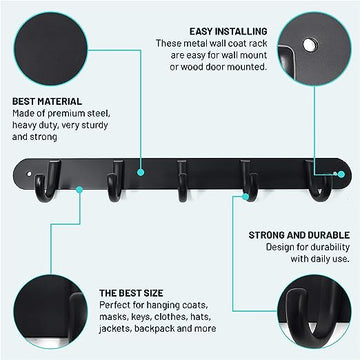 Wall Coat Hanger Hooks 5 Holders by C&G Bathroom Solutions - Quality Rack of Wall Mounted Hooks for Your Bathroom, Bedroom or Hallway - Use as Coats Wall Hooks, Towel Hangers or Robe Holders.