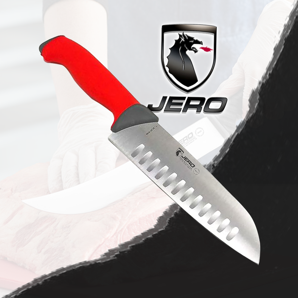 Jero TR Soft Grip Series 7" Santoku Chef Knife With Hollow Edge - German Steel - Non-Slip Grip - Made In Portugal