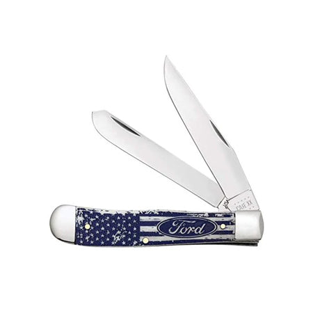 Ford Logo and U.S. Flag Blue and White Natural Bone Trapper Pocket Knife Knives