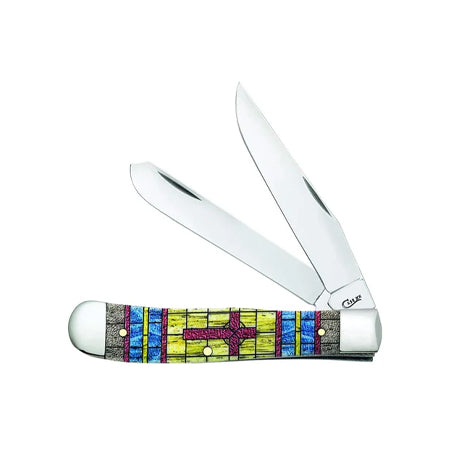 Pocket Knife Trapper Stained Glass Cross Natural Bone Color Wash