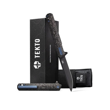 F2 Bravo Folding Pocket Knife - D2 Steel Blade, Ceramic Ball Bearings - EDC - Snap, Swift Flip for Camping, Backpacking - 2.4oz (68g), Forged Carbon Handle, Blue Titanium Accents