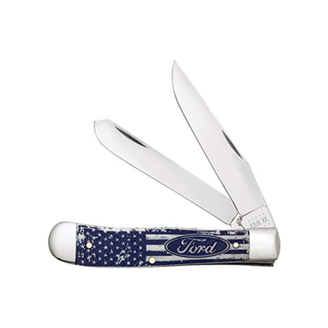 Ford Logo and U.S. Flag Blue and White Natural Bone Trapper Pocket Knife Knives