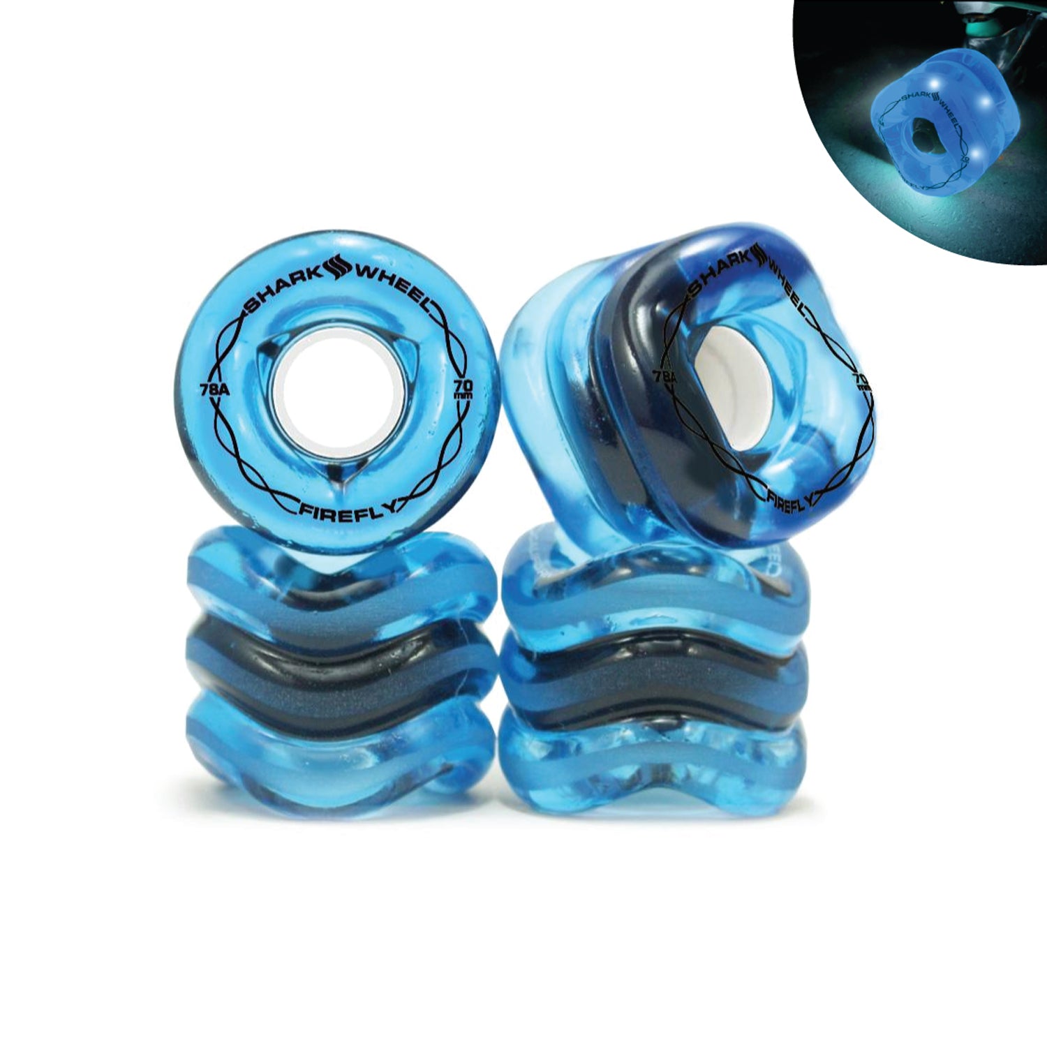 Shark Wheel 70MM, 78A Firefly - Transparent Blue With Blue Lights
