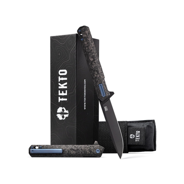 F2 Bravo Folding Pocket Knife - D2 Steel Blade, Ceramic Ball Bearings - EDC - Snap, Swift Flip for Camping, Backpacking - 2.4oz (68g), Forged Carbon Handle, Blue Titanium Accents