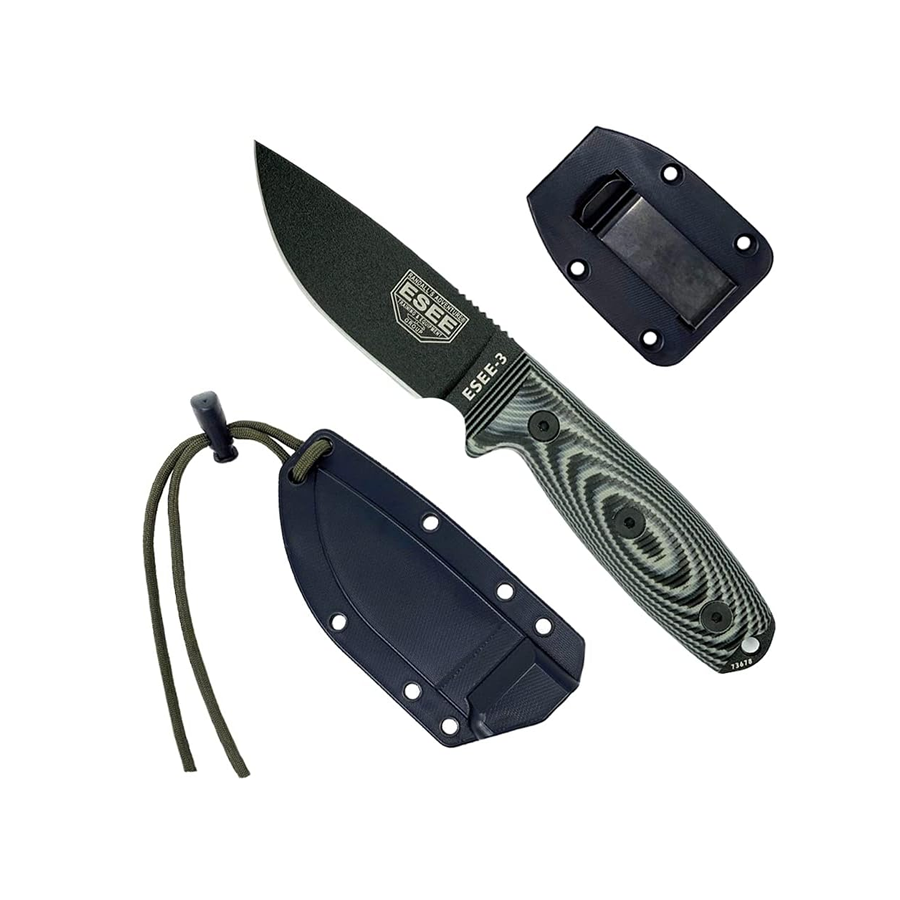 ESEE-3 1095 Carbon Steel, Black Sheath (Black Blade, Gray/Black G-10 3D Handle)