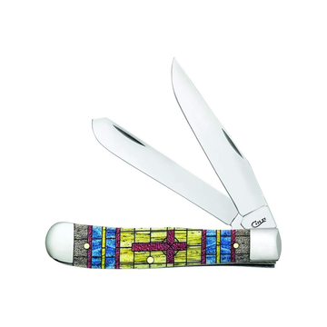 Pocket Knife Trapper Stained Glass Cross Natural Bone Color Wash