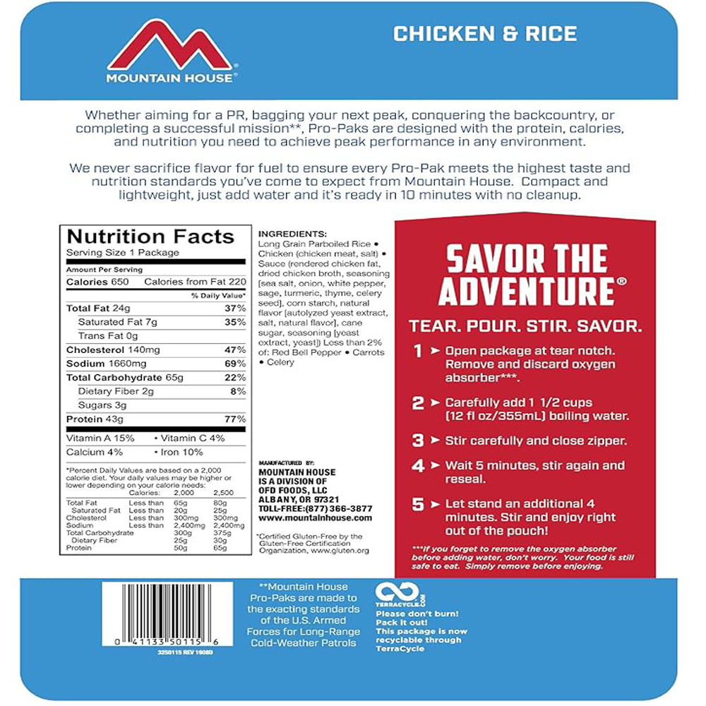 Mountain House Chicken & Rice Pro-Pak | Freeze Dried Backpacking & Camping Food | One Serving |Gluten-Free