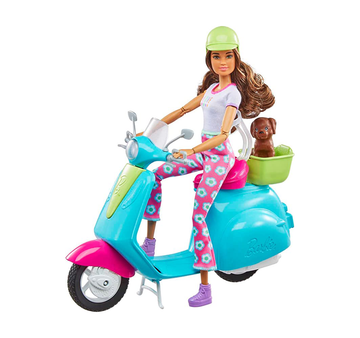 Barbie Fashionistas Doll and Scooter Travel Playset with Pet Puppy and Themed Accessories