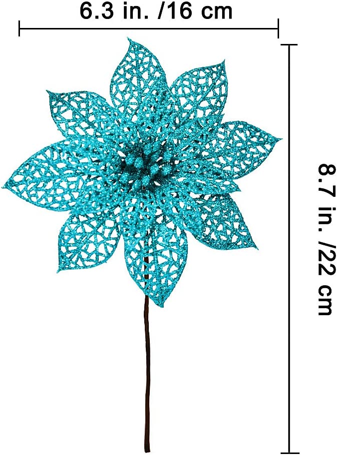 Teal Glitter Poinsettia Flowers Picks - Thumbnail 2
