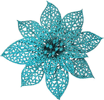 Teal Glitter Poinsettia Flowers Picks Christmas Tree Ornaments 5.9