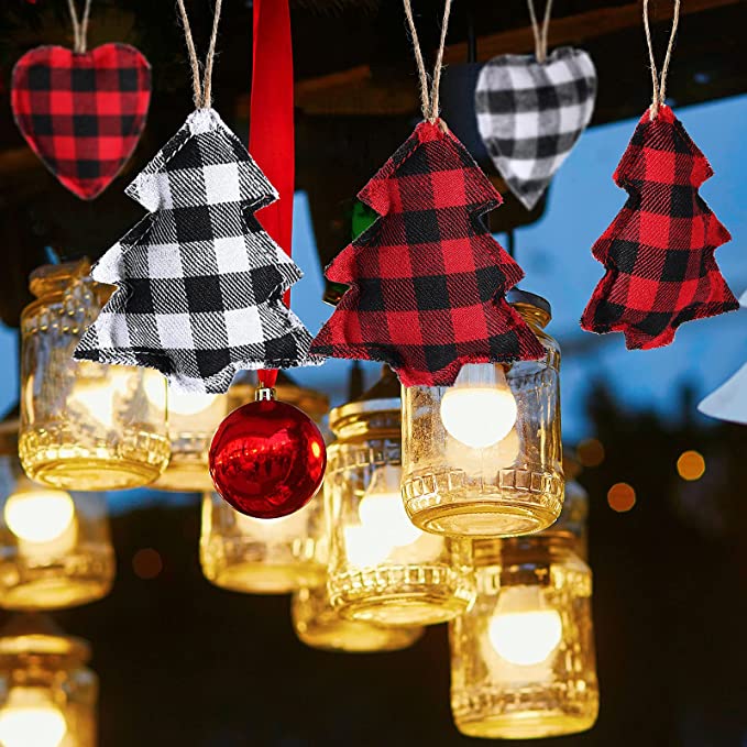12 Pieces Buffalo Plaid Heart Hanging Christmas Ornament Set - Thumbnail 3
