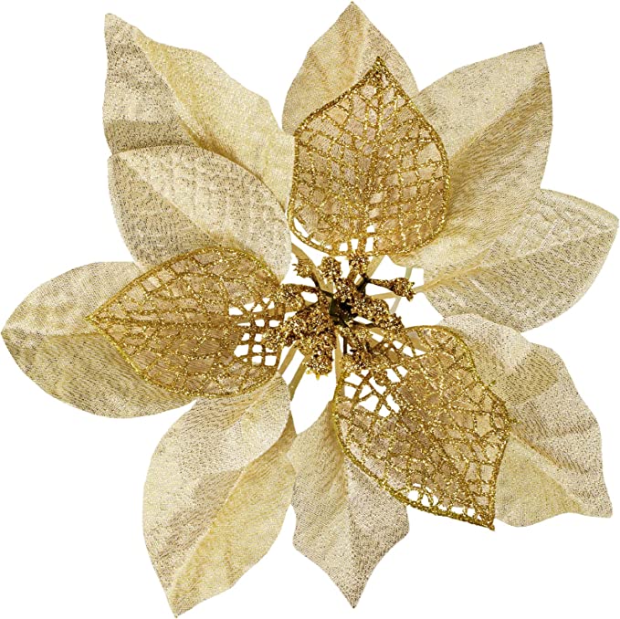 Winlyn 20 Set Christmas Gold Glitter Poinsettia Flowers Picks Christmas Tree Ornaments