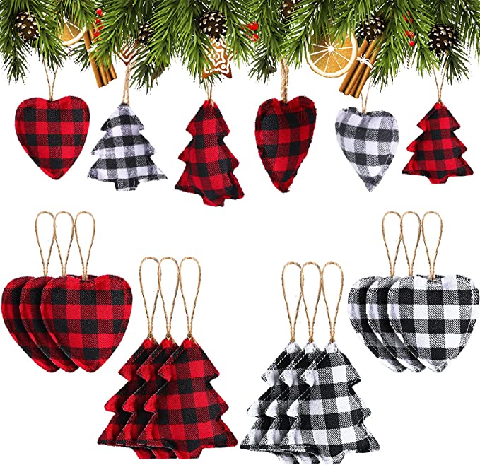 12 Pieces Buffalo Plaid Heart Hanging Christmas Ornament Set
